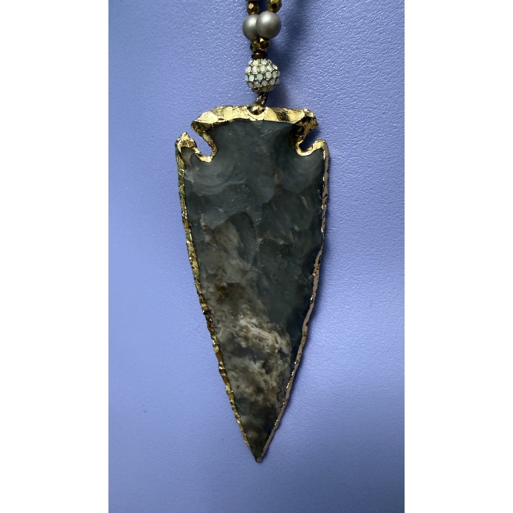 Stone Arrowhead Charm Necklace Bohemian Boho Dipped Gold Tone Long Statement